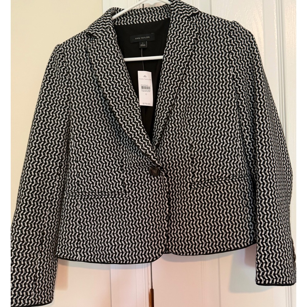 Ann Taylor Womens Black White Geometric Zigzag Single Button Blazer Jacket  0